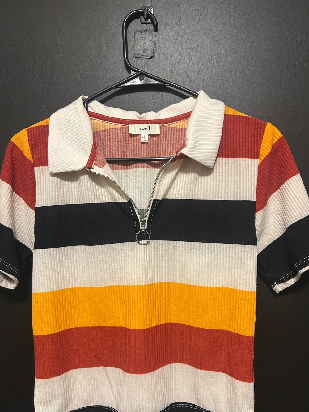love J Ribbed Zip Polo Tee in White, Black, Mustard & Rust